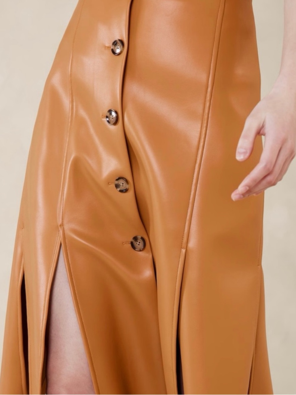 Banana Republic Button-Front Seamed Vegan Leather Midi Skirt in Cognac Tan - Picture 3 of 12